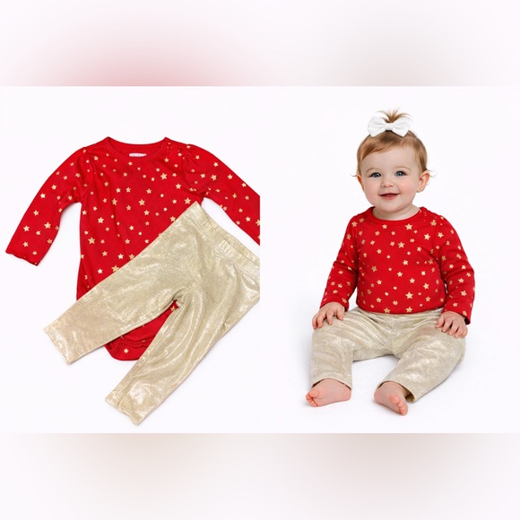 Garanimals Other - 🩷5/$25 Red Gold Star Bodysuit & Gold Glitter Leggings Set Baby Girl 6–9M